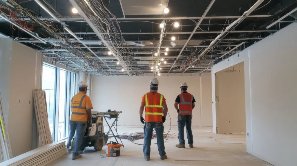 Electrician Kapiti staff reviewing documents under ceiling wiring, covering terms and conditions, privacy policy, careers, newsletter, and editorial guidelines.