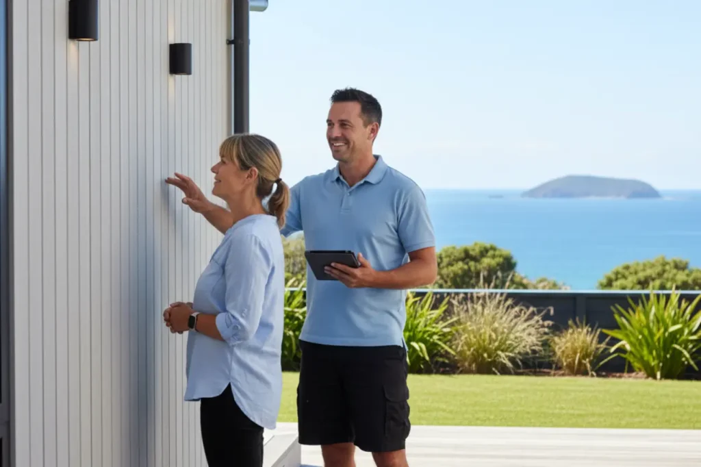 Outdoor Lighting Solutions Kapiti 11 Electrician Kapiti representative discussing a free no obligation quote with a homeowner for Outdoor Lighting Solutions Kapiti project on the Kapiti Coast
