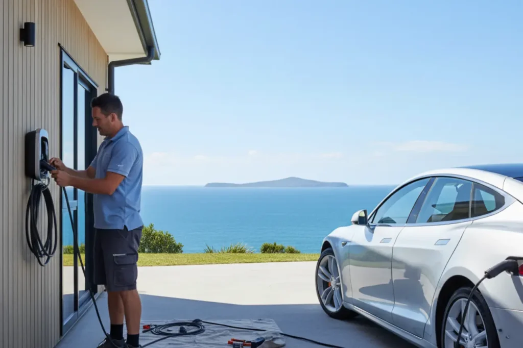 Outdoor Lighting Solutions Kapiti 9 Electrician Kapiti expert installing an EV charger for Outdoor Lighting Solutions Kapiti at a modern coastal home in Kapiti