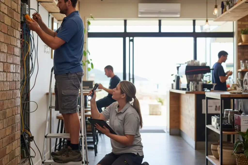 Outdoor Lighting Solutions Kapiti 8 Electrician Kapiti professionals performing electrical repairs for a local café as part of Outdoor Lighting Solutions Kapiti services