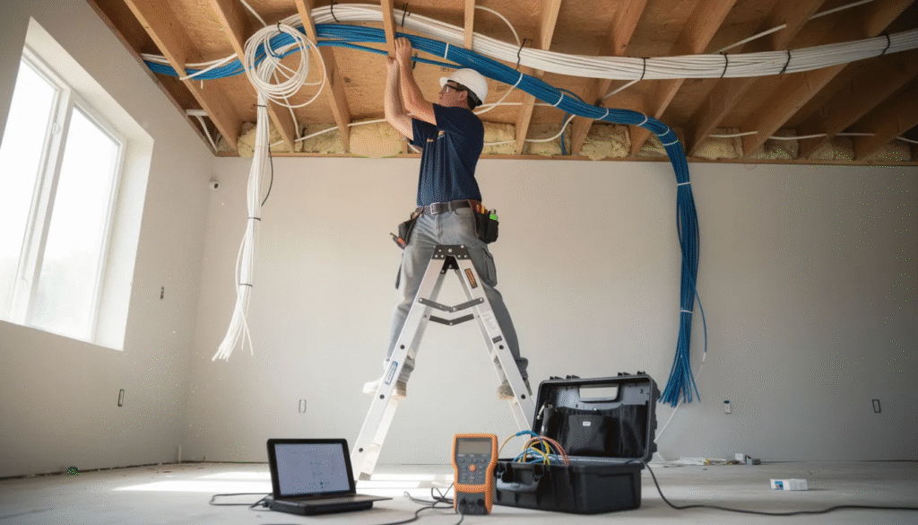 Technician installing structured data cabling in a Kapiti home, illustrating Data Cable Installation Cost Kapiti for residential and office networks