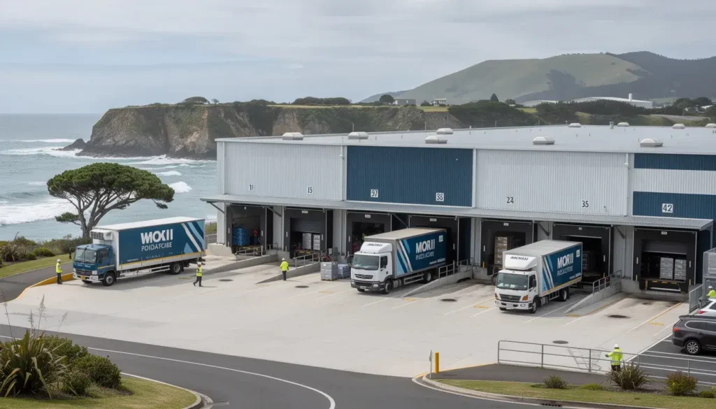 The image depicts an industrial factory building with multiple loading docks and delivery trucks parked outside, set against a coastal backdrop in New Zealand. Power lines can be seen in the distance, emphasizing the infrastructure involved in supplying electricity to the region, which is relevant to discussions about electricity prices and costs per kWh in various Zealand towns.