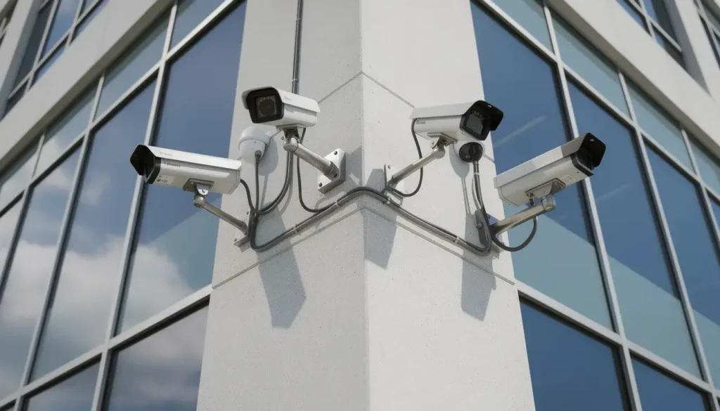 The image shows various outdoor security cameras mounted on the exterior corner of a commercial building, designed to enhance surveillance and deter intruders. These security camera systems provide clear visibility and are part of a comprehensive approach to monitoring commercial properties.