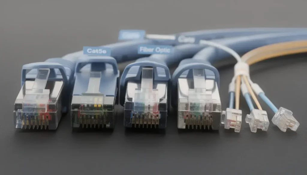 The image features a close-up view of various types of ethernet cables, including Cat5e, Cat6, and fibre optic cables, neatly arranged side by side. This display highlights essential data cabling options for network setups in business environments, showcasing their importance in connecting devices effectively.