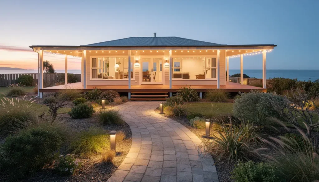 A coastal New Zealand home is beautifully illuminated at dusk with warm white outdoor lights adorning the verandah and garden path, creating a cozy and inviting atmosphere perfect for the holiday season. The soft glow of the lights enhances the home's appearance, making it a charming sight for neighbors and passersby alike.