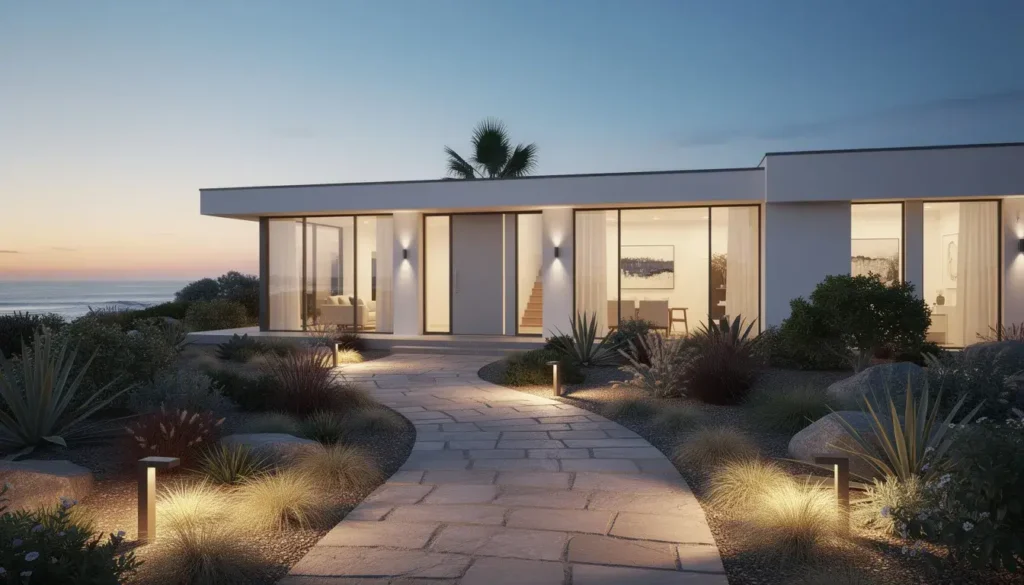 A modern coastal home is depicted at dusk, with warm pathway lights illuminating the garden path leading to the front door, creating a welcoming atmosphere. This outdoor lighting installation enhances the home's curb appeal while providing safety and visibility for the outdoor space.