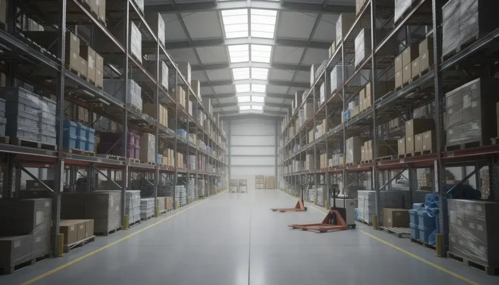 The image depicts the interior of a large industrial warehouse featuring high ceilings and rows of metal shelving, ideal for storing various heating appliances like heat pumps. The expansive space is designed for efficient energy use and can accommodate commercial settings with specific heating needs.