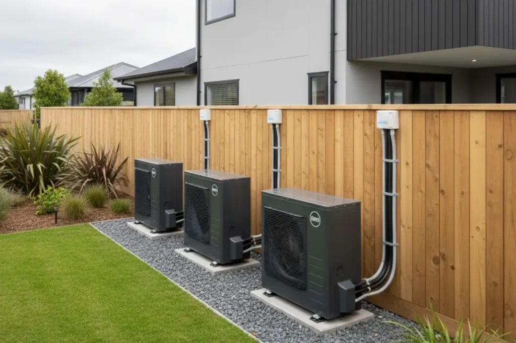 A professional outdoor heat pump unit installation by Electrician Kapiti at a home in Paraparaumu.