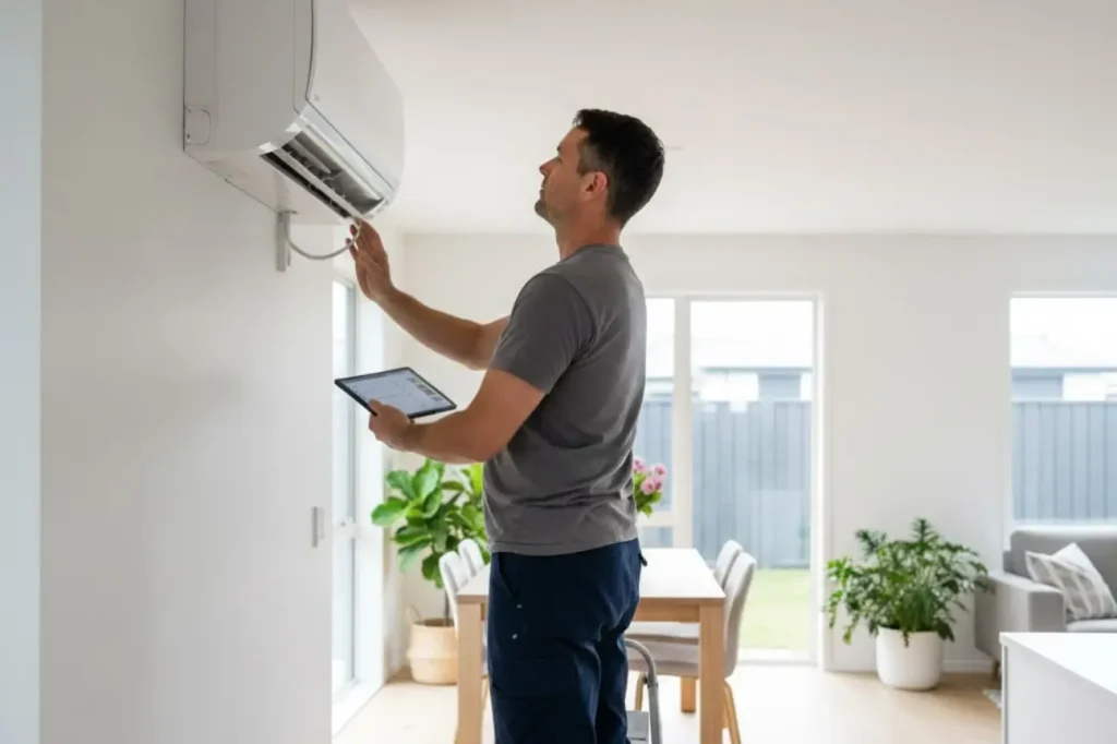 Professional outdoor heat pump unit installation by Electrician Kapiti in a coastal Paraparaumu setting.